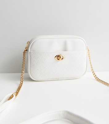 White Leather-Look Embossed Chain Cross Body Bag