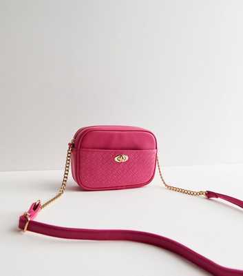 Bright Pink Leather-Look Embossed Chain Cross Body Bag