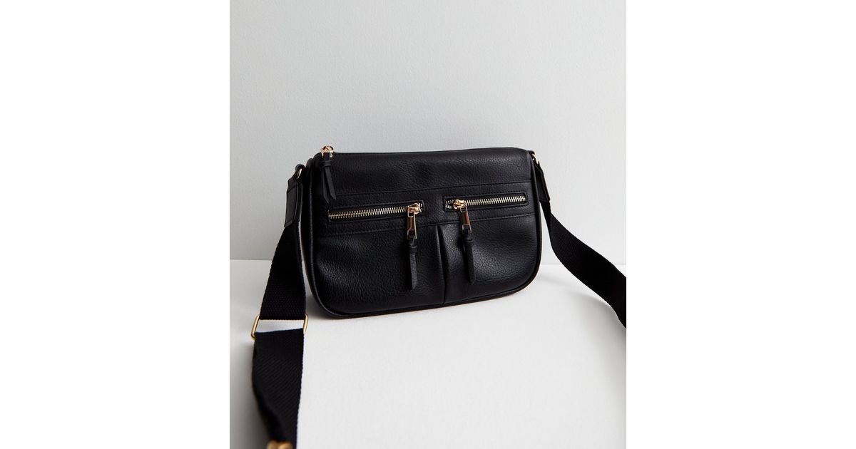 Black LeatherLook Zip Front Cross Body Bag New Look
