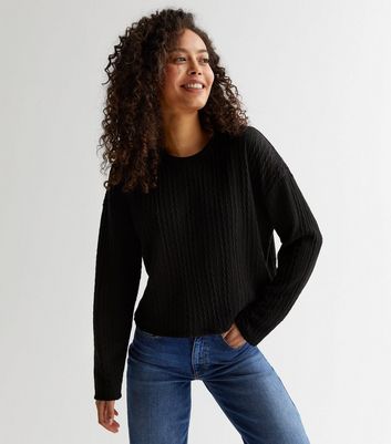 Tall Black Fine Cable Knit Long Sleeve Top