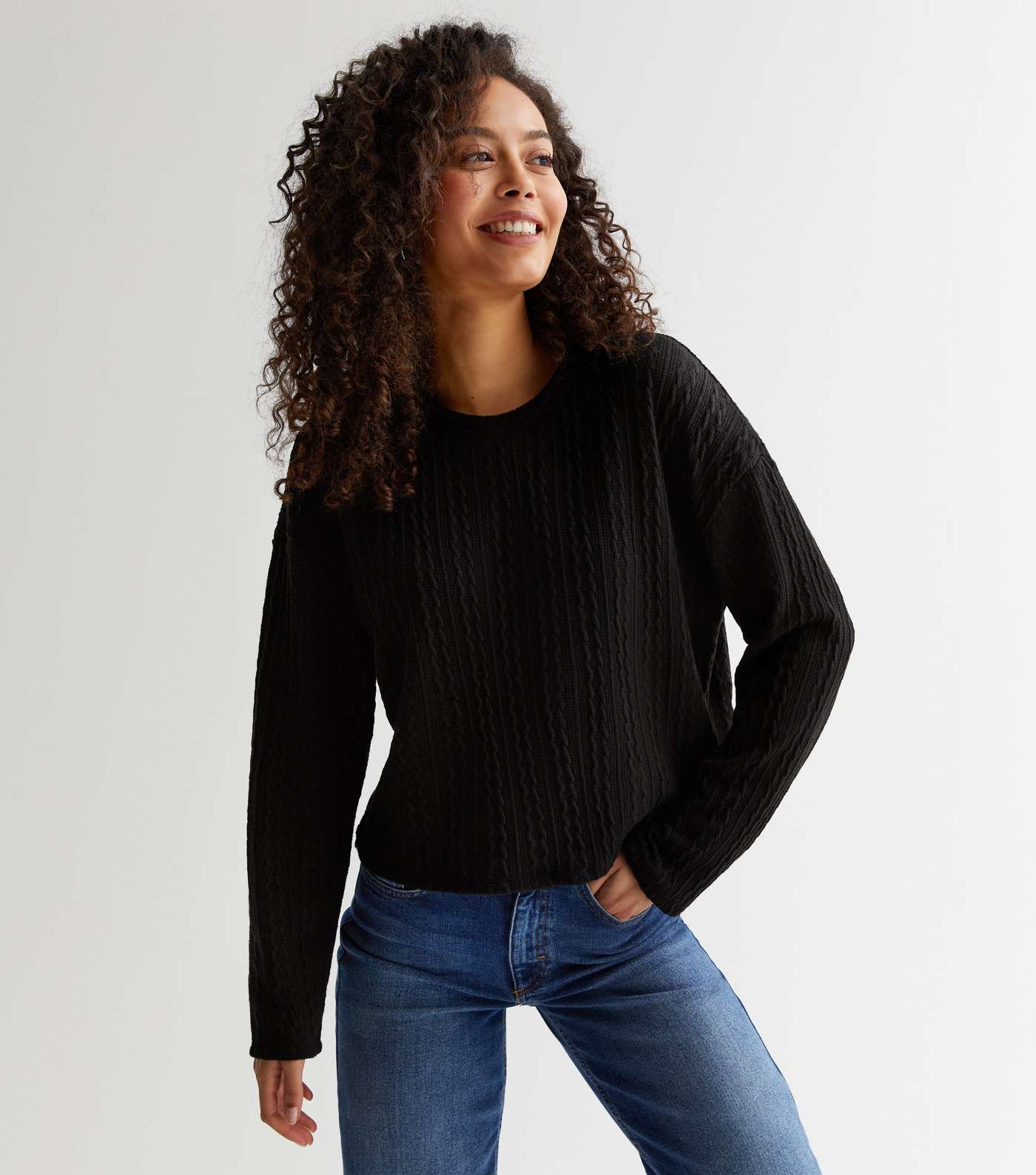 Tall Black Fine Cable Knit Long Sleeve Top
