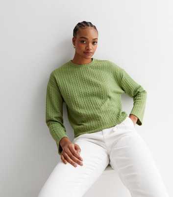 Tall Khaki Fine Cable Knit Long Sleeve Top