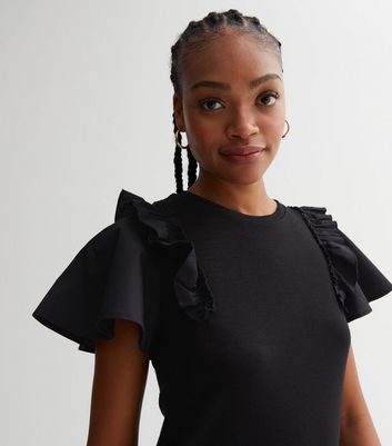 Tall Black Fine Knit Poplin Sleeve Frill Top