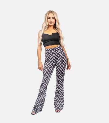 JUSTYOUROUTFIT Black Geometric High Waist Flared Trousers