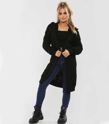 JUSTYOUROUTFIT Black Cable Knit Hooded Long Cardigan