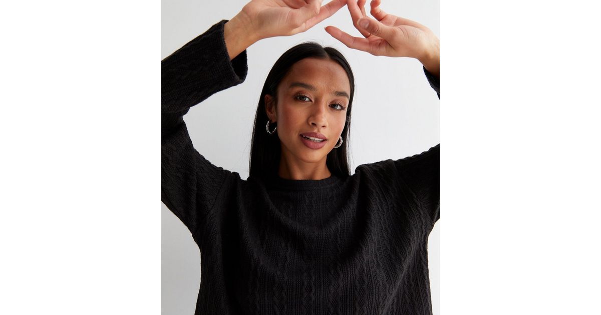 Petite Black Fine Cable Knit Long Sleeve Top | New Look