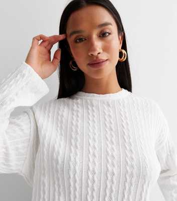 Petite White Fine Cable Knit Long Sleeve Top