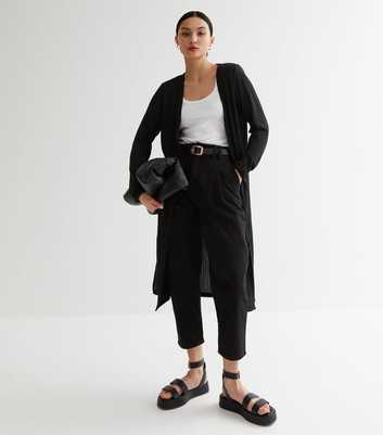 Petite Black Ribbed Fine Knit Long Cardigan