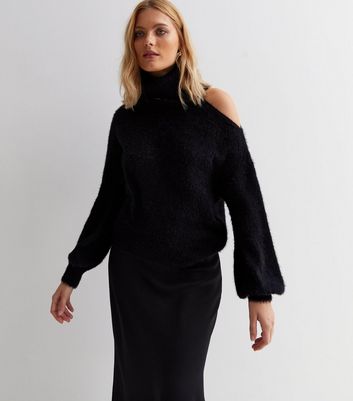 Sunshine Soul Black Fluffy Knit Cold Shoulder Jumper New Look