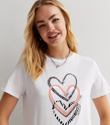 millimeter Held og lykke lektie White Animal Print Love Hearts Logo T-Shirt | New Look