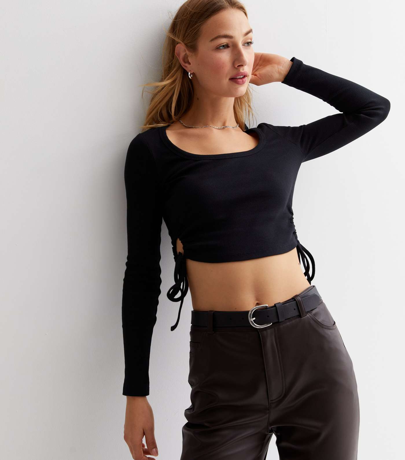 Black Scoop Neck Cut Out Side Tie Cropped T Shirt