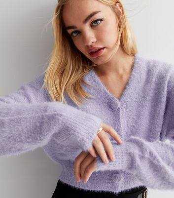 Sunshine Soul Lilac Fluffy Knit Button Front Crop Cardigan | New Look