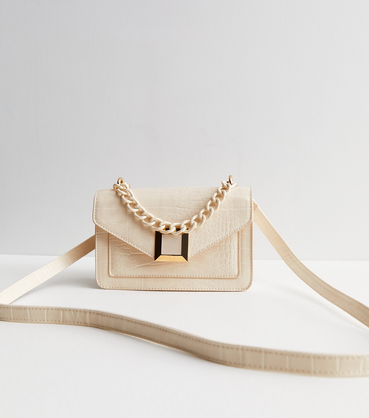 Cream Faux Croc Chain Cross Body Bag New Look