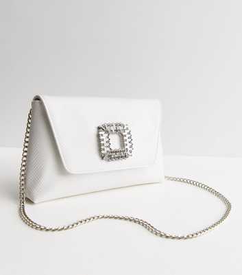 White Faux Snake Diamanté Gem Broach Chain Clutch Bag