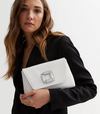White Faux Snake Diamanté Gem Broach Clutch Bag