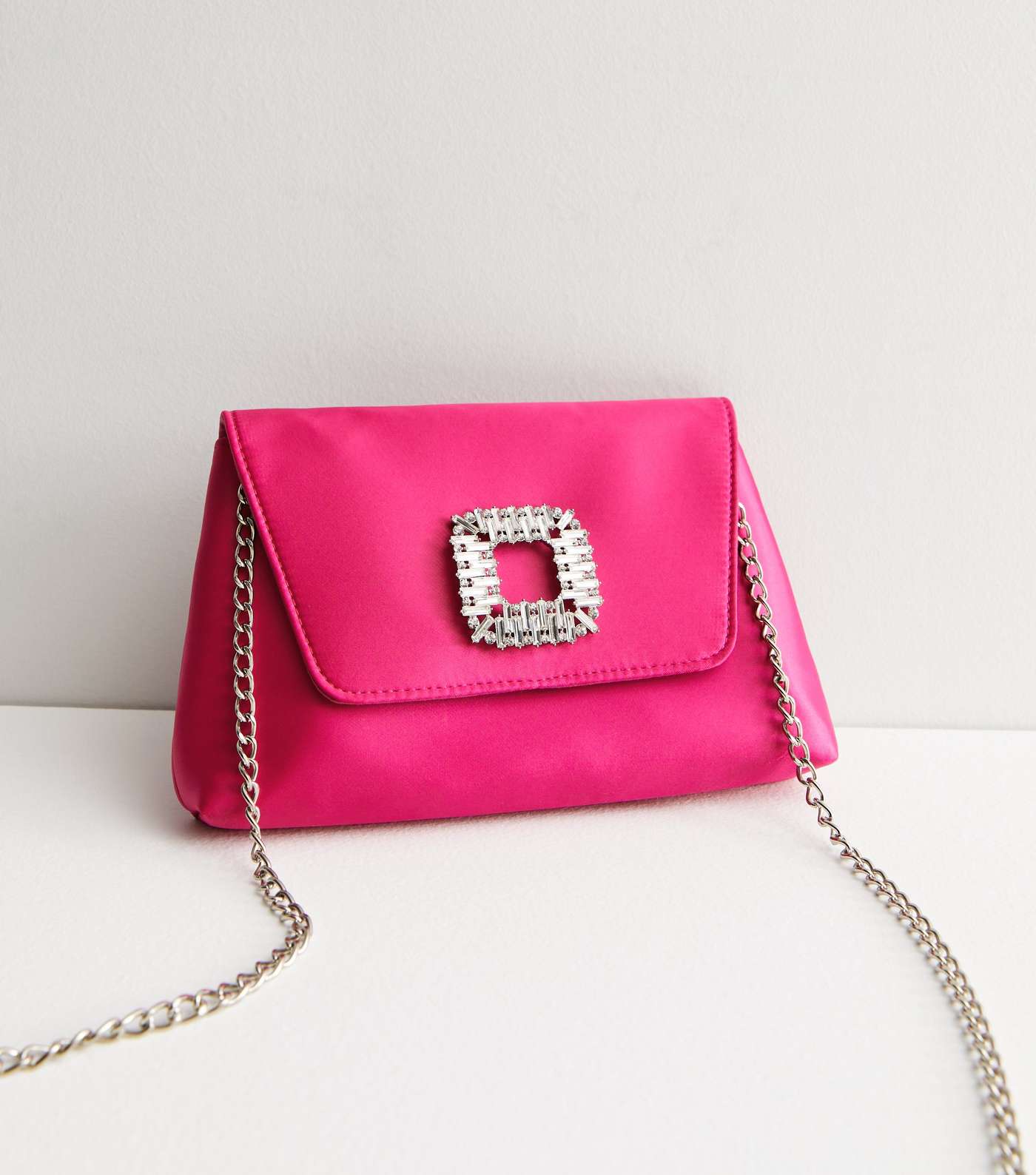 Bright Pink Satin Diamanté Broach Clutch Bag