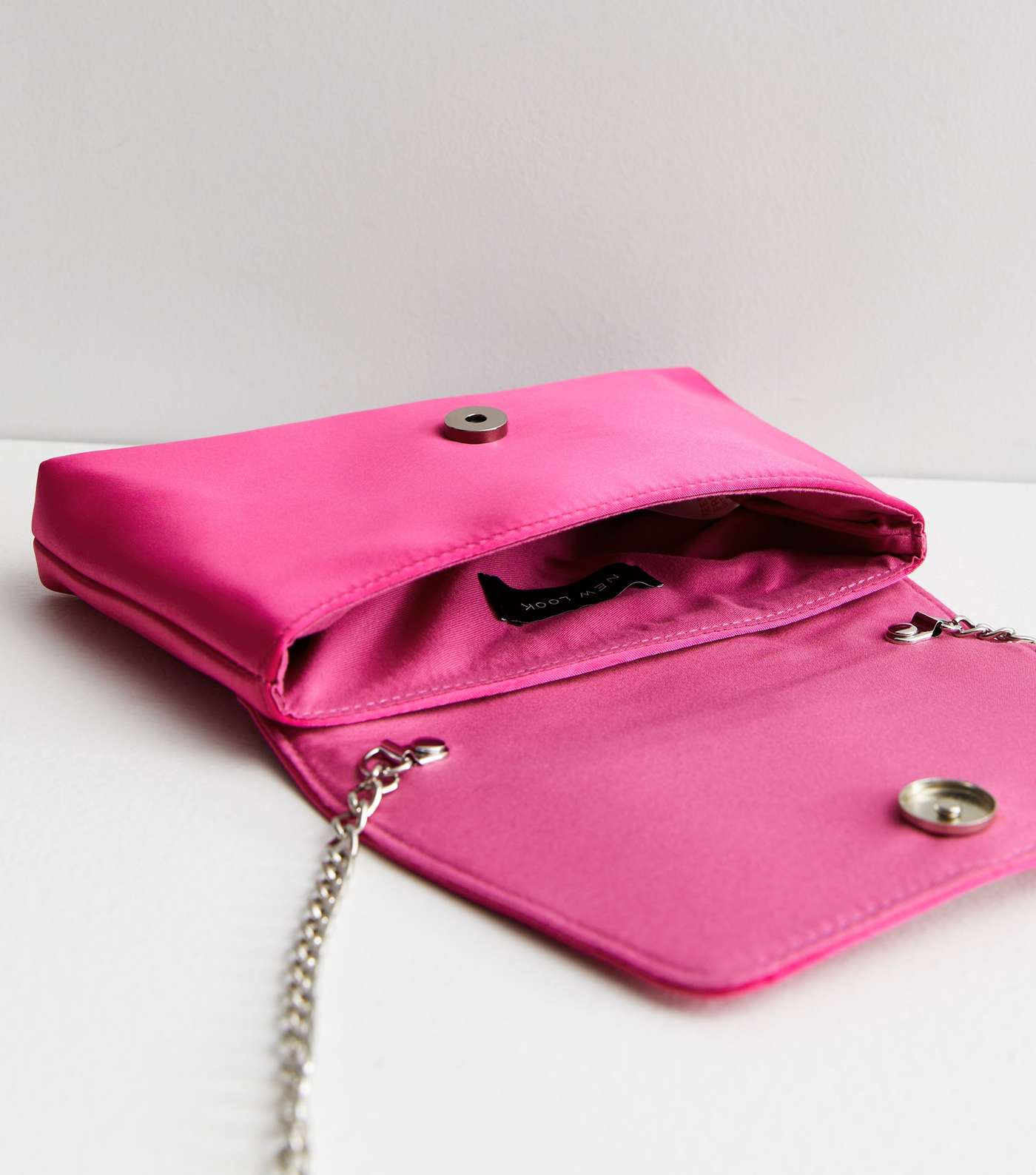 Bright Pink Satin Diamanté Broach Clutch Bag Image 5