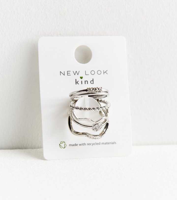 6 Pack Silver Diamanté Stacking Rings | New Look