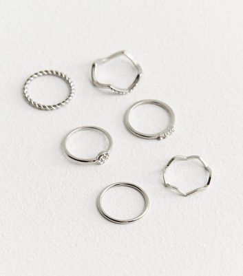 6 Pack Silver Diamante Stacking Rings New Look