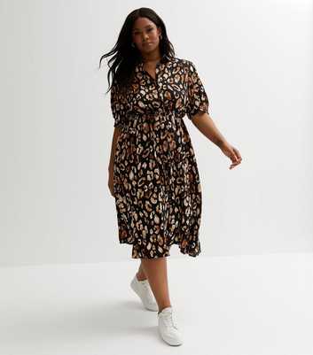 Curves Brown Leopard Print Puff Sleeve Midi Shirt Dress