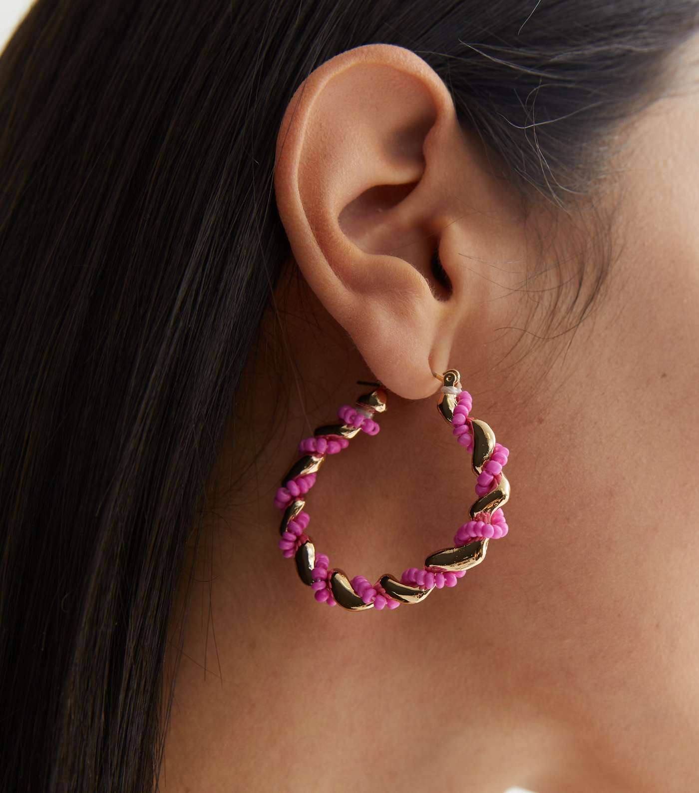 Bright Pink Bead Twist Hoop Earrings Image 2