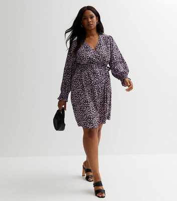 Curves Purple Leopard Print Puff Sleeve Mini Wrap Dress