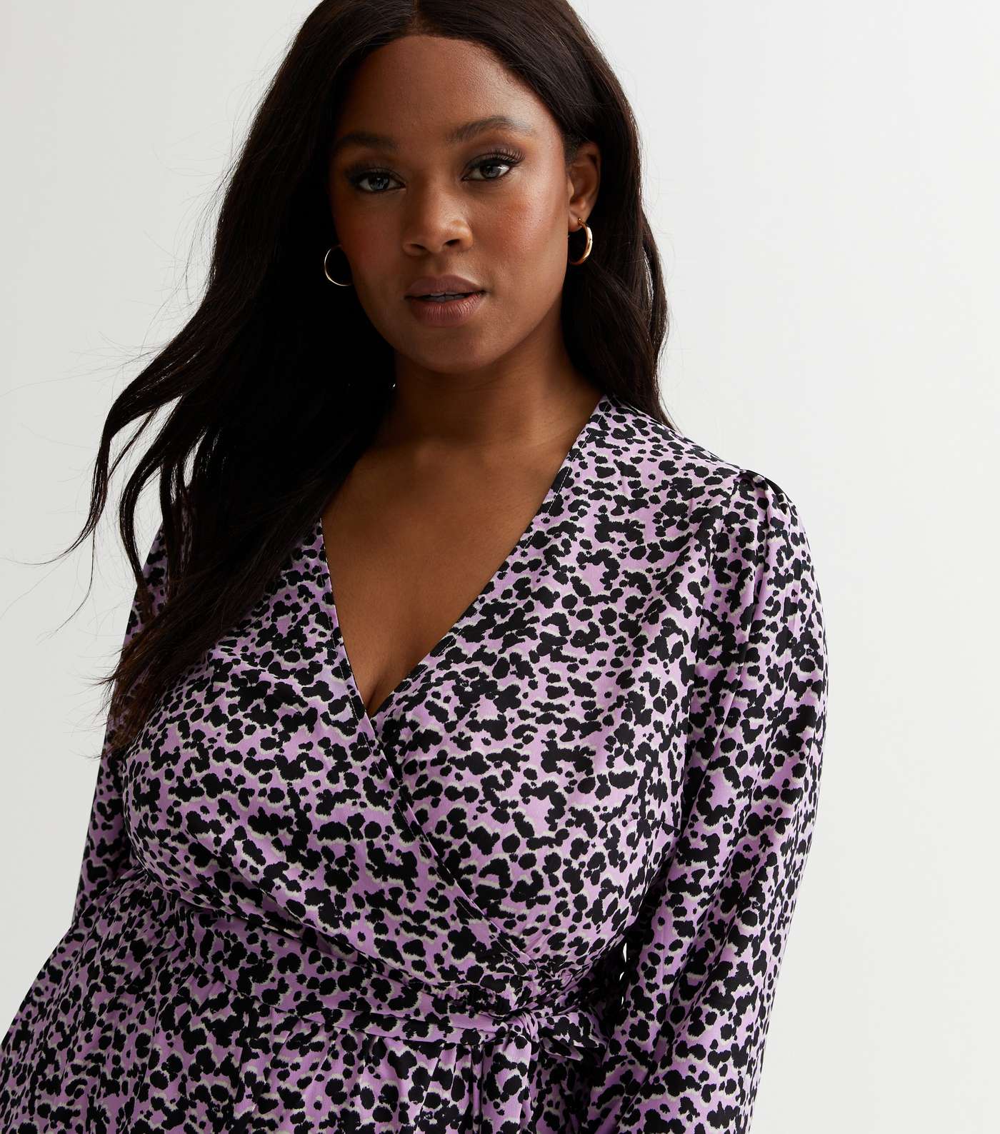 Curves Purple Leopard Print Puff Sleeve Mini Wrap Dress Image 3