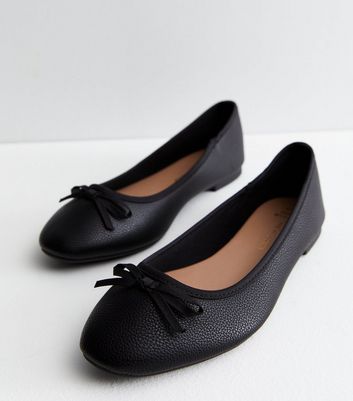 Extra Wide Fit Black Leather-Look Bow Front Ballerina Pumps New Look Vegan