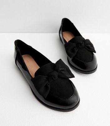 Black Patent Suedette Bow Loafers New Look