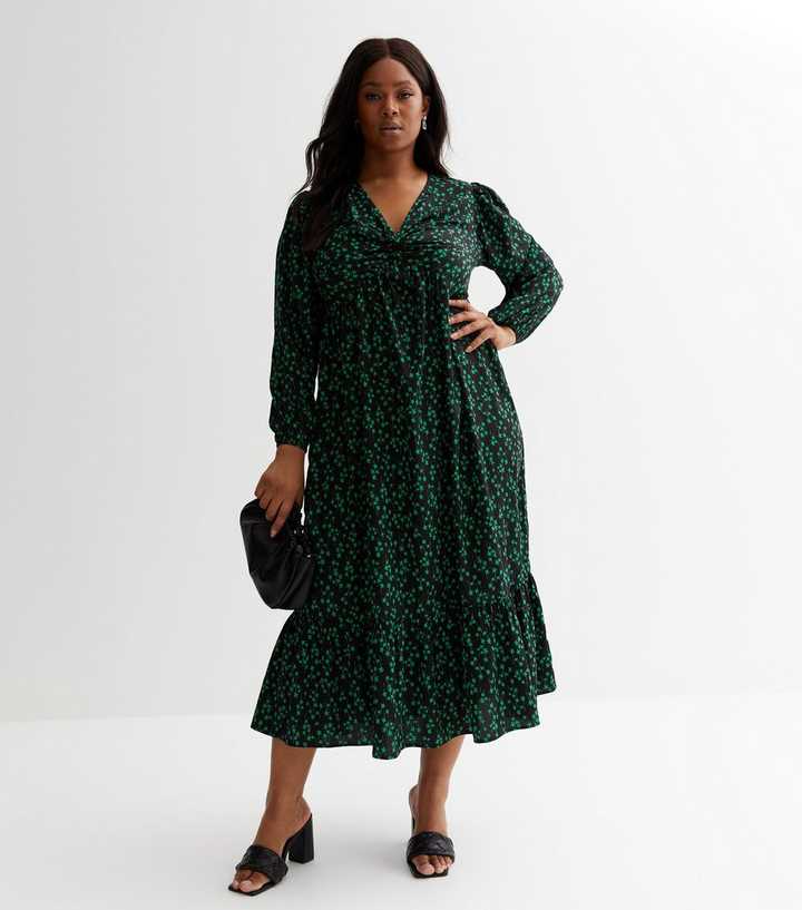 Curves Green Ditsy Floral Twist Front Midi Dress