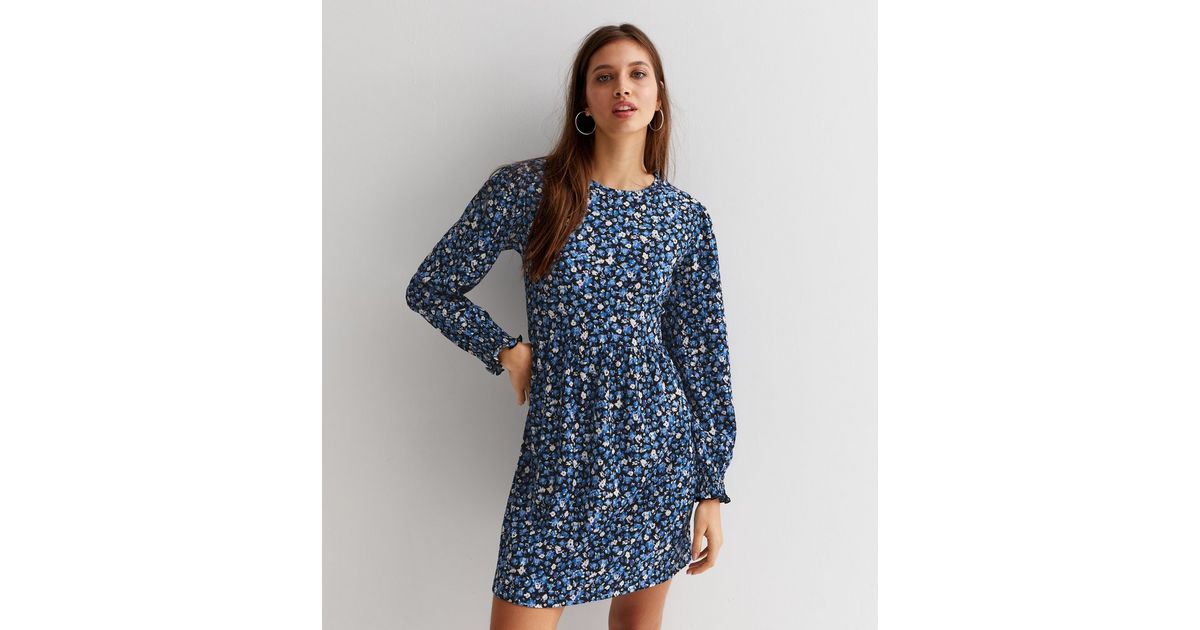 Blue Ditsy Floral Jersey Crinkle Smock Mini Dress | New Look