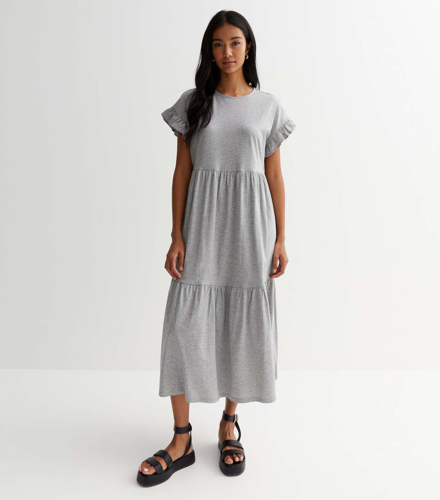 Grey Jersey Frill Sleeve Midaxi Smock Dress