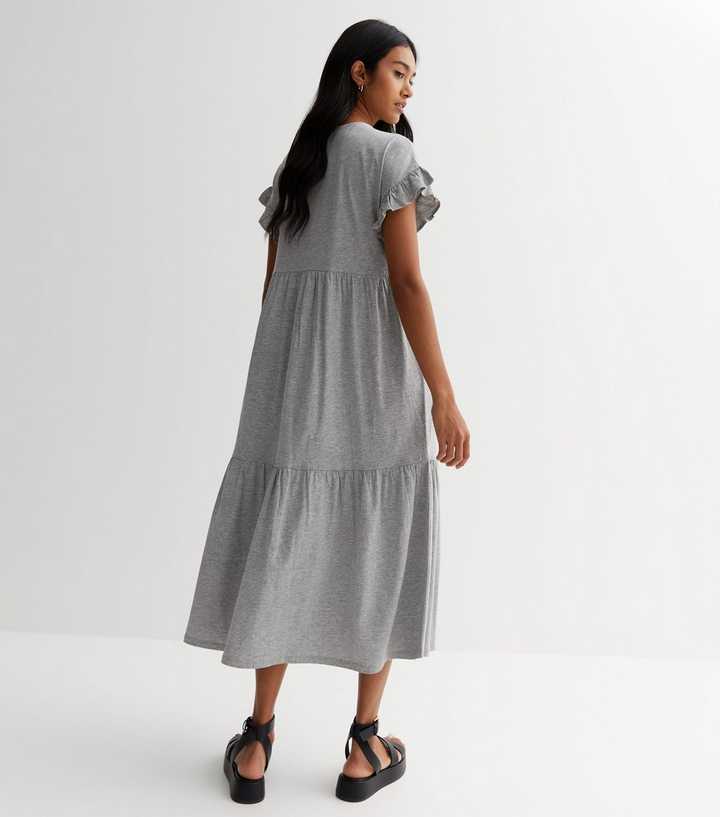 Grey Jersey Frill Sleeve Midaxi Smock Dress