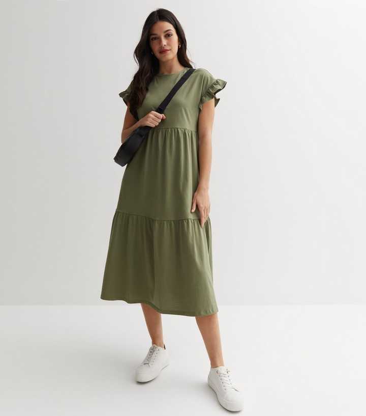 Khaki Jersey Frill Sleeve Midi Smock Dress