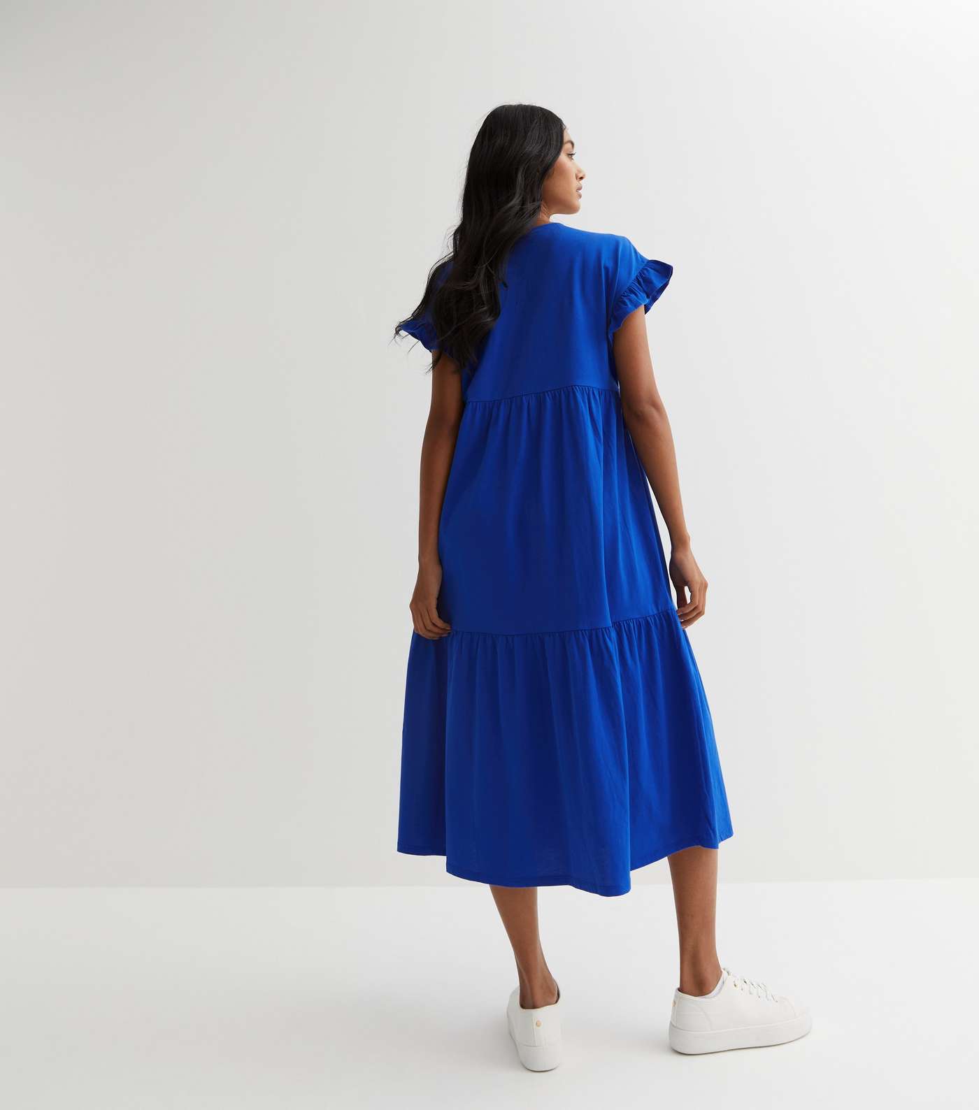 Bright Blue Jersey Frill Sleeve Midi Smock Dress Image 4