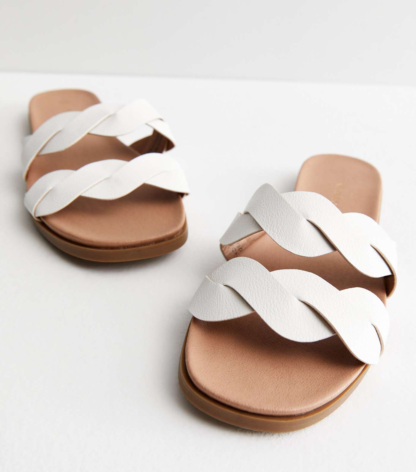 White Leather-Look Plaited Strap Footbed Sliders Image 3