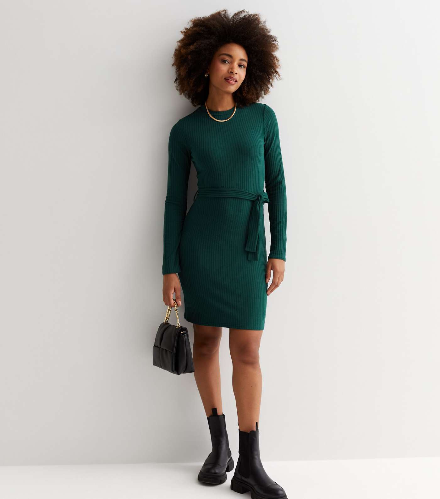 Dark Green Ribbed Jersey Long Sleeve Belted Mini Dress