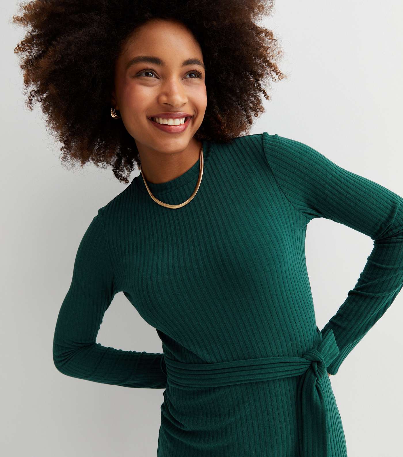 Dark Green Ribbed Jersey Long Sleeve Belted Mini Dress Image 3