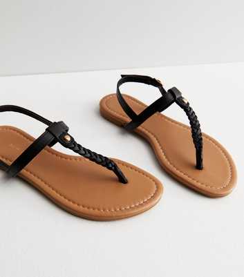 Black Leather-Look Plaited Toe Post Sandals