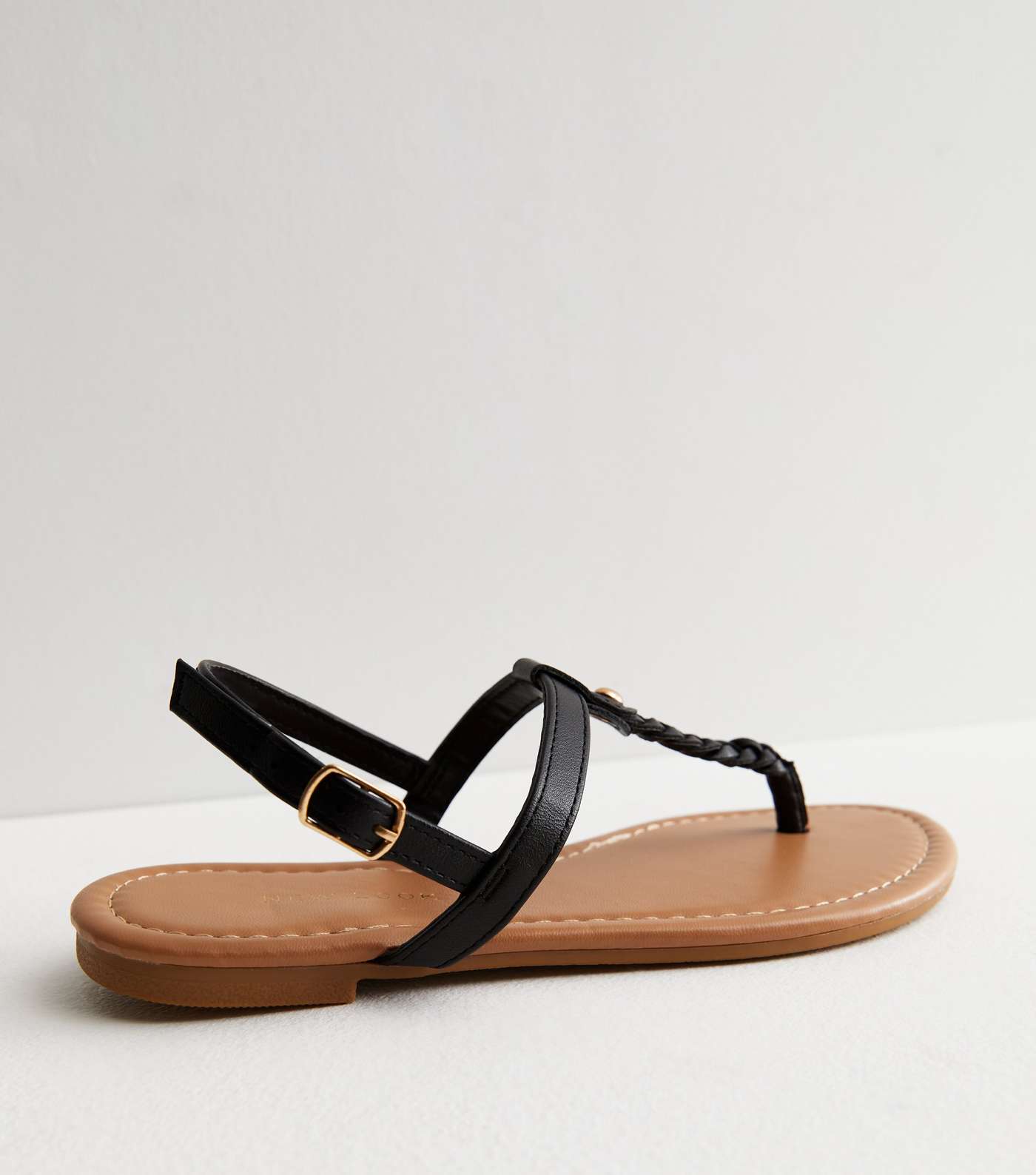 Black Leather-Look Plaited Toe Post Sandals Image 3