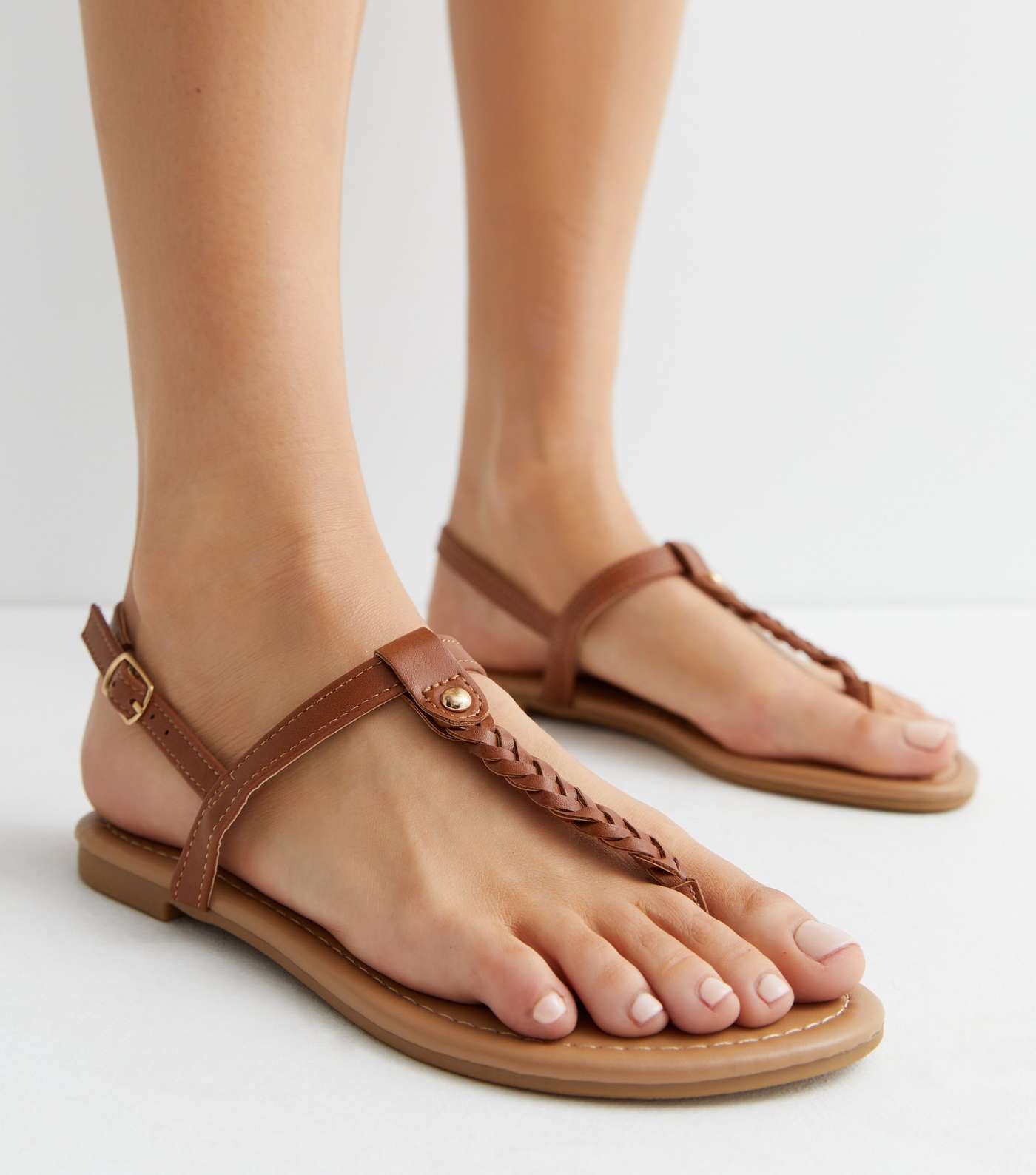 Tan Leather-Look Plaited Toe Post Sandals Image 2
