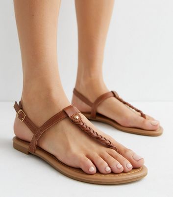 Tan Leather Look Plaited Toe Post Sandals New Look