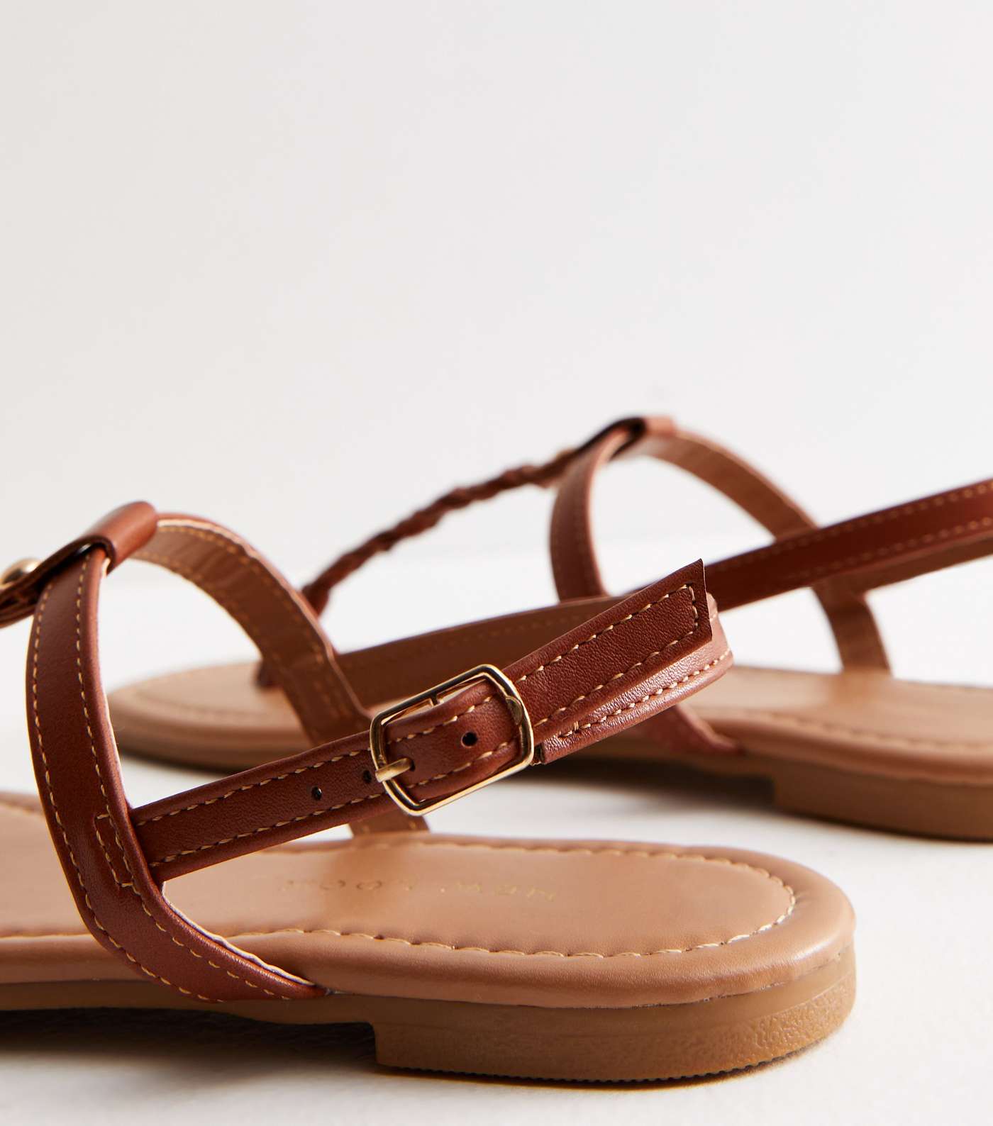 Tan Leather-Look Plaited Toe Post Sandals Image 4