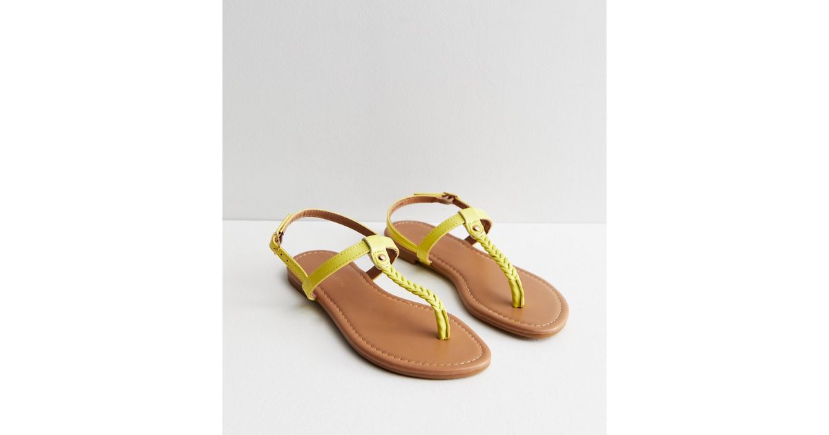 Yellow Leather-Look Plaited Toe Post Sandals | New Look