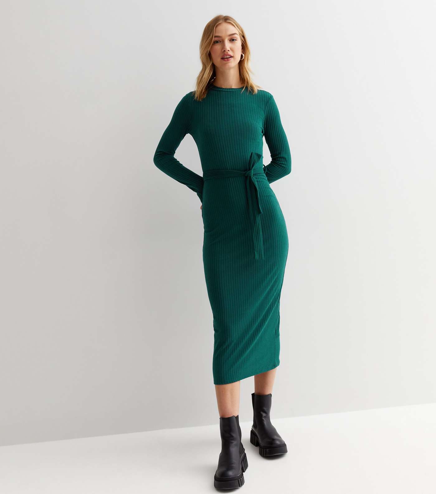 Dark Green Ribbed Jersey Belted Bodycon Midi Dress Image 2