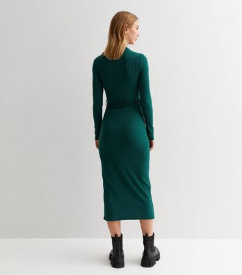 Dark Green Ribbed Jersey Belted Bodycon Midi Dress New Look