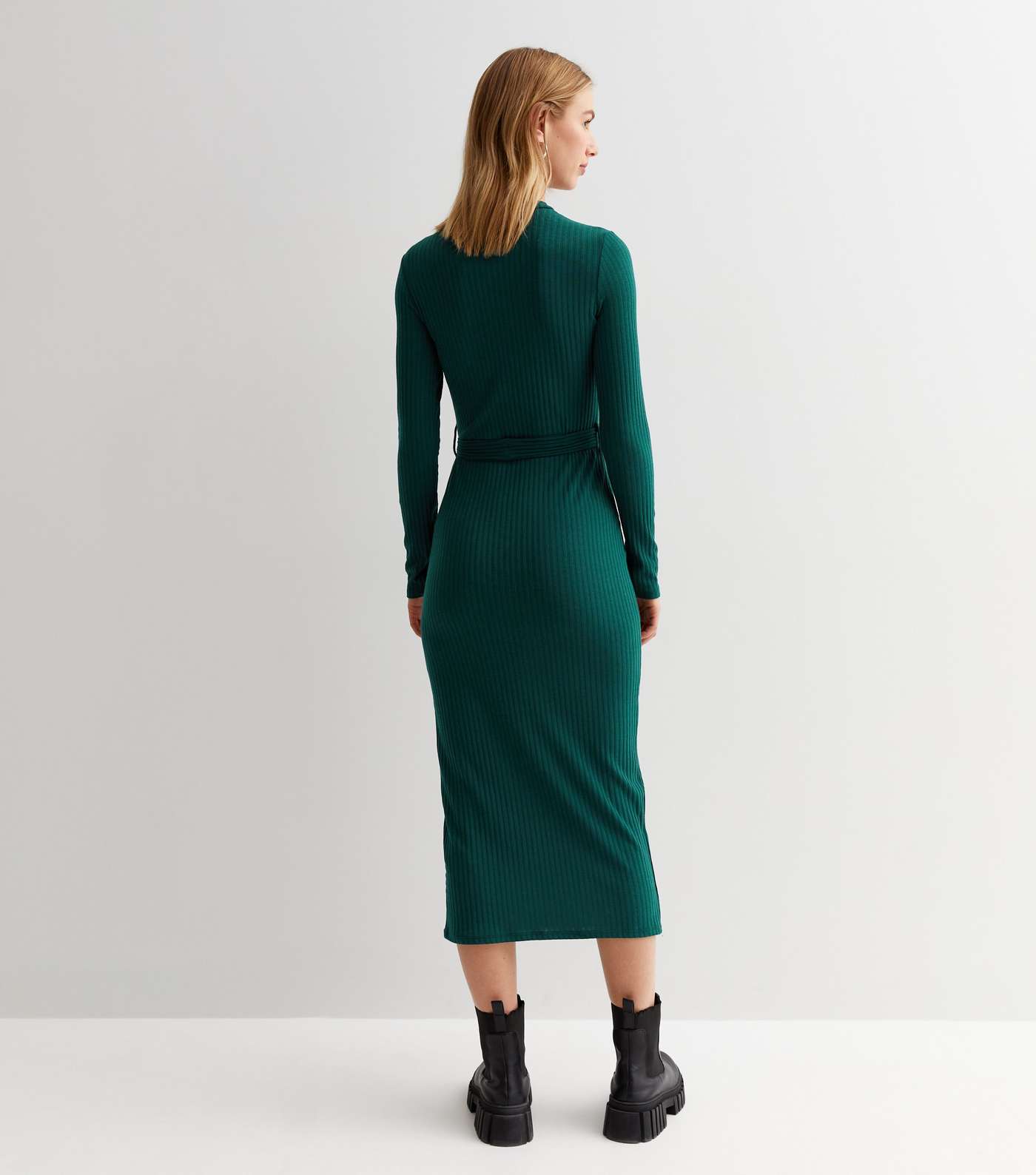Dark Green Ribbed Jersey Belted Bodycon Midi Dress Image 4