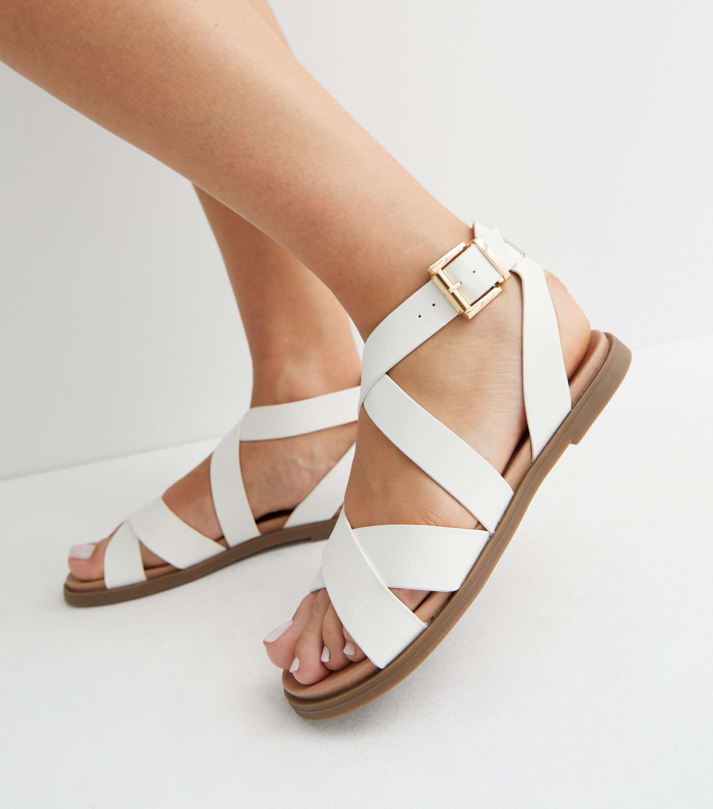 White Leather-Look Strappy Footbed Sandals Image 2
