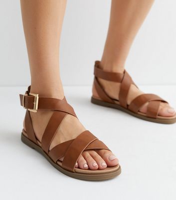 Tan Leather Look Strappy Footbed Sandals New Look