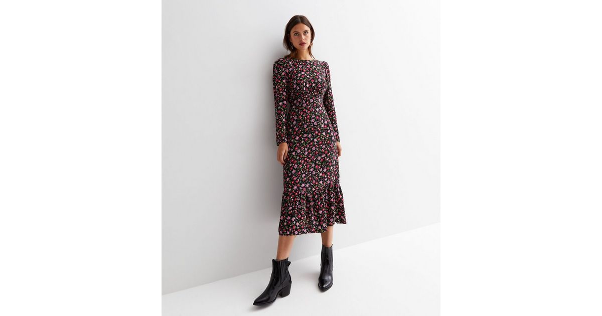 Black Ditsy Floral Long Sleeve Ruched Midi Dress | New Look